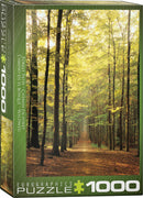 The Eurographics jigsaw puzzle titled 'Forest Path' features a serene image of a sunlit forest pathway surrounded by tall trees. The vibrant colors depict a tranquil natural scene, perfect for nature lovers and puzzle enthusiasts. This jigsaw puzzle contains 1000 pieces and is designed to provide a relaxing and rewarding experience when completed.