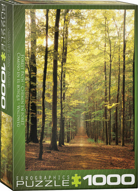The Eurographics jigsaw puzzle titled 'Forest Path' features a serene image of a sunlit forest pathway surrounded by tall trees. The vibrant colors depict a tranquil natural scene, perfect for nature lovers and puzzle enthusiasts. This jigsaw puzzle contains 1000 pieces and is designed to provide a relaxing and rewarding experience when completed.