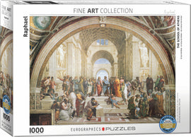 Jigsaw puzzle featuring Raphael's famous artwork 'The School of Athens.' The puzzle includes 1000 pieces and showcases various philosophers in a grand architectural setting. Ideal for art lovers and puzzle enthusiasts.
