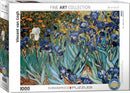 Eurographics Jigsaw Puzzle featuring 'Irises' by Vincent van Gogh. This 1000-piece puzzle captures the beauty of vibrant blue irises amidst lush green foliage. Perfect for art lovers and puzzle enthusiasts.