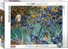 Eurographics Jigsaw Puzzle featuring 'Irises' by Vincent van Gogh. This 1000-piece puzzle captures the beauty of vibrant blue irises amidst lush green foliage. Perfect for art lovers and puzzle enthusiasts.
