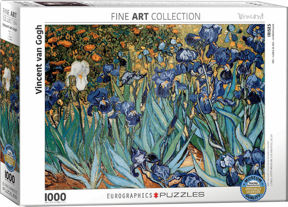 Eurographics Jigsaw Puzzle featuring 'Irises' by Vincent van Gogh. This 1000-piece puzzle captures the beauty of vibrant blue irises amidst lush green foliage. Perfect for art lovers and puzzle enthusiasts.