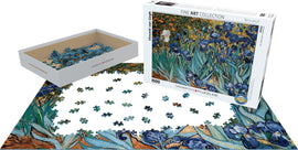 Irises by Vincent van Gogh jigsaw puzzle made by Eurographics. The image shows a colorful, intricate design of irises with vibrant blue and green hues, scattered puzzle pieces, and the puzzle box with the artwork displayed on its front. This 1000-piece puzzle is part of the Fine Art Collection.