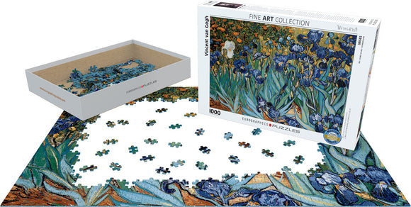 Irises by Vincent van Gogh jigsaw puzzle made by Eurographics. The image shows a colorful, intricate design of irises with vibrant blue and green hues, scattered puzzle pieces, and the puzzle box with the artwork displayed on its front. This 1000-piece puzzle is part of the Fine Art Collection.