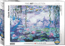 A jigsaw puzzle featuring Claude Monet's iconic 'Waterlilies' artwork. The box displays vibrant colors and intricate brush strokes depicting serene water lilies and lush greenery. This 1000-piece puzzle is from Eurographics' Fine Art Collection.