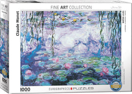 A jigsaw puzzle featuring Claude Monet's iconic 'Waterlilies' artwork. The box displays vibrant colors and intricate brush strokes depicting serene water lilies and lush greenery. This 1000-piece puzzle is from Eurographics' Fine Art Collection.