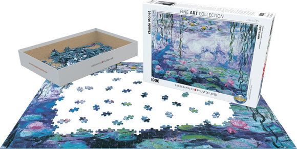 A 1000-piece jigsaw puzzle featuring Claude Monet's iconic 'Waterlilies' painting. The puzzle pieces are scattered across a partially completed image, with the box displayed beside it, showcasing vibrant blues and greens typical of Monet's style.