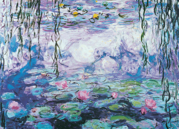 Waterlilies jigsaw puzzle depicting a serene pond scene by Claude Monet. The image showcases vibrant hues of blues and greens with pink water lilies and soft, impressionistic brush strokes. Perfect for art lovers and puzzle enthusiasts.