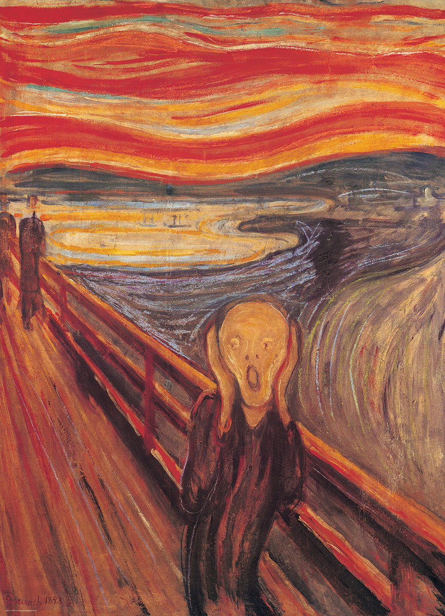 A jigsaw puzzle featuring Edvard Munch's iconic artwork 'The Scream'. The image displays a figure in anguish, set against a vibrant, swirling sky of orange and red hues, with a background of a turbulent sea and distant figures. This puzzle brings the emotional intensity of Munch's masterpiece to life, making it a perfect addition for art lovers and puzzle enthusiasts alike.