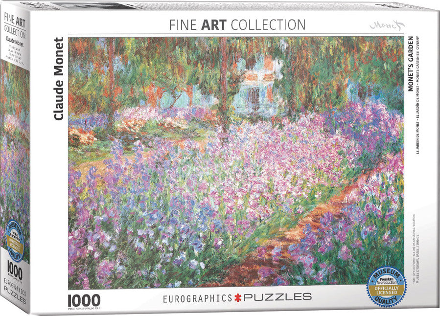 A jigsaw puzzle featuring a vibrant painting of Monet's Garden by Claude Monet. The box displays a colorful scene of blooming flowers in a lush garden, capturing the essence of impressionism. The puzzle consists of 1000 pieces and is part of Eurographics' Fine Art Collection.