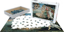 Eurographics jigsaw puzzle featuring Sandro Botticelli's iconic painting 'Birth of Venus'. The puzzle contains 1000 pieces and is partially assembled, showcasing Venus on a shell with surrounding mythical figures. The box design includes artwork and details about the collection.