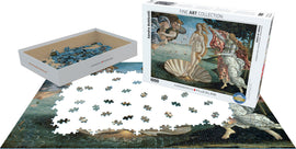 Eurographics jigsaw puzzle featuring Sandro Botticelli's iconic painting 'Birth of Venus'. The puzzle contains 1000 pieces and is partially assembled, showcasing Venus on a shell with surrounding mythical figures. The box design includes artwork and details about the collection.