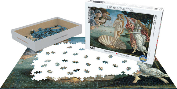 Eurographics jigsaw puzzle featuring Sandro Botticelli's iconic painting 'Birth of Venus'. The puzzle contains 1000 pieces and is partially assembled, showcasing Venus on a shell with surrounding mythical figures. The box design includes artwork and details about the collection.