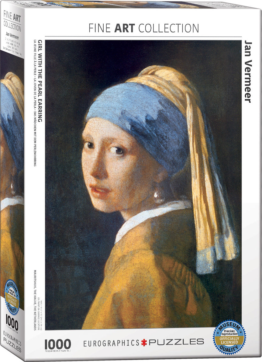 Eurographics jigsaw puzzle featuring Jan Vermeer's 'Girl with the Pearl Earring'. The puzzle box measures 1000 pieces and showcases the iconic artwork of a girl in a blue and yellow attire with a pearl earring, perfect for art enthusiasts and puzzle lovers.