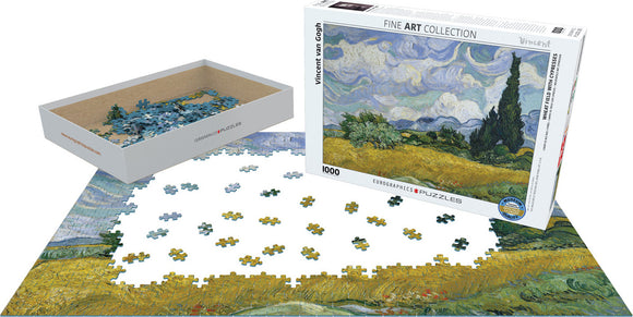 Eurographics Wheat Field with Cypresses jigsaw puzzle featuring a vibrant landscape by Vincent van Gogh. The image depicts scattered puzzle pieces alongside the box containing 1000 pieces, showcasing details of the artwork.
