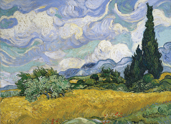 A beautifully illustrated jigsaw puzzle featuring Vincent van Gogh's iconic artwork 'Wheat Field with Cypresses.' The design showcases vibrant yellow wheat fields under a swirling blue sky with cypress trees in the foreground, perfect for art lovers and puzzle enthusiasts alike.