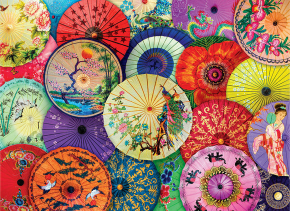 A vibrant and colorful jigsaw puzzle featuring a collage of traditional Asian oil paper umbrellas, showcasing intricate designs and patterns in various hues, including blue, red, purple, and green. Each umbrella displays unique artistry, with floral motifs, landscapes, and stylized figures, celebrating Asian culture and artistry.
