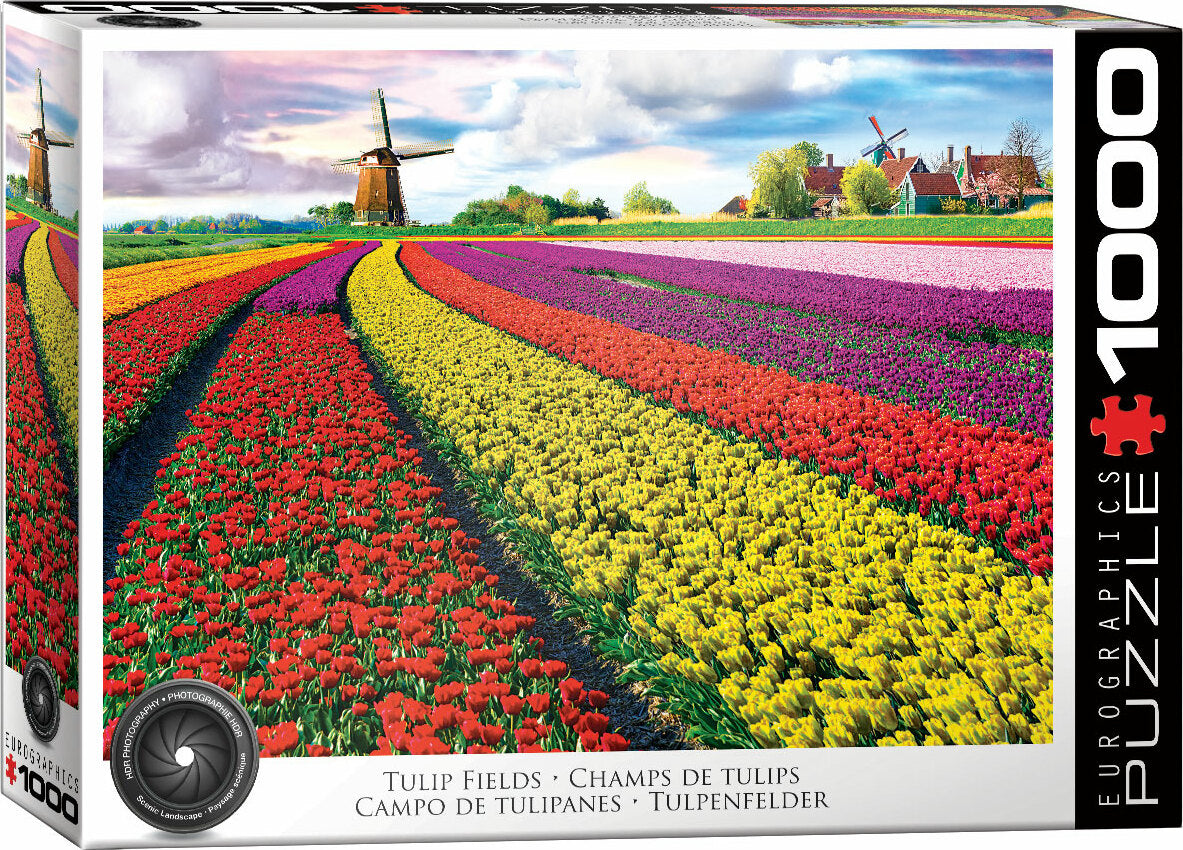 Eurographics jigsaw puzzle featuring a vibrant scene of tulip fields in the Netherlands. The puzzle shows rows of colorful tulips in red, purple, yellow, and pink, with a traditional windmill and quaint houses in the background. Perfect for puzzle enthusiasts who appreciate nature's beauty.