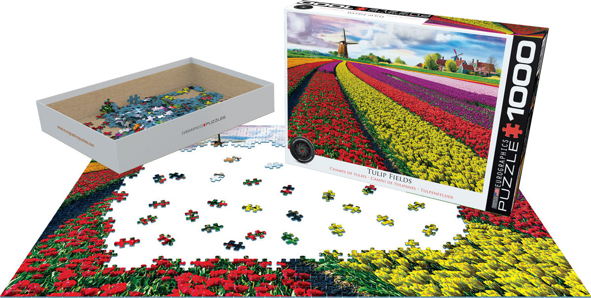 Eurographics 1000-piece jigsaw puzzle featuring a vibrant tulip field in the Netherlands, with colorful rows of tulips and a windmill in the background. The puzzle pieces are scattered on the table, alongside the puzzle box.