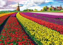 A vibrant jigsaw puzzle featuring a stunning tulip field in the Netherlands, showcasing rows of colorful tulips in red, yellow, pink, and purple, with traditional Dutch windmills and lush green landscapes in the background.