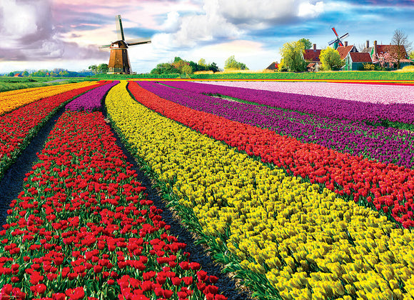 A vibrant jigsaw puzzle featuring a stunning tulip field in the Netherlands, showcasing rows of colorful tulips in red, yellow, pink, and purple, with traditional Dutch windmills and lush green landscapes in the background.