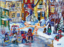 A vibrant jigsaw puzzle depicting a winter scene with children playing hockey on a frozen pond in a neighborhood. Buildings with colorful facades and balconies surround the snowy landscape, creating a nostalgic and lively atmosphere filled with holiday cheer.