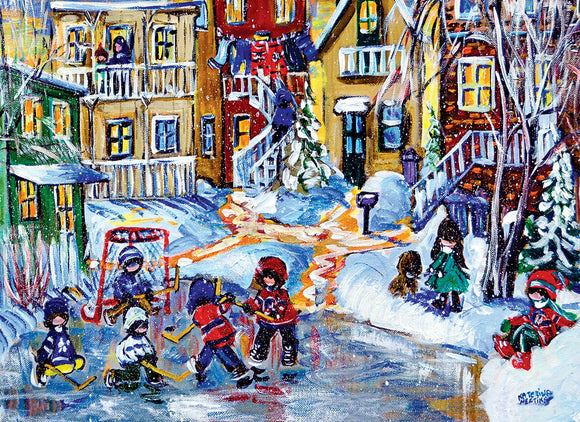 A vibrant jigsaw puzzle depicting a winter scene with children playing hockey on a frozen pond in a neighborhood. Buildings with colorful facades and balconies surround the snowy landscape, creating a nostalgic and lively atmosphere filled with holiday cheer.