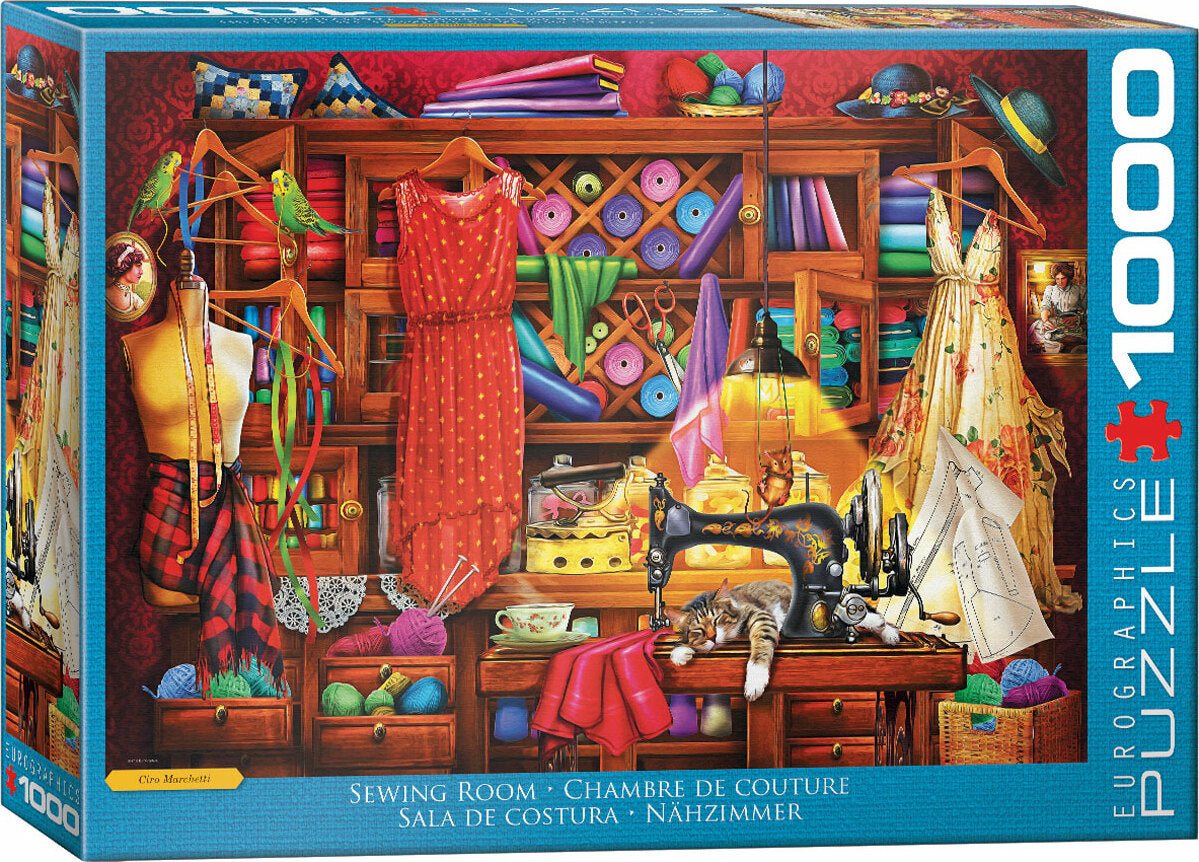 The 'Sewing Room' jigsaw puzzle by Eurographics is a vibrant depiction of a cozy sewing space filled with colorful fabrics, a vintage sewing machine, and a playful cat sleeping on the table. The scene features beautifully arranged rolls of fabric, spools of thread, and dresses hanging on displays, capturing the creative essence of sewing.