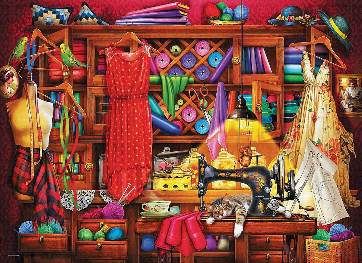 A vibrant and detailed jigsaw puzzle artwork of a cozy sewing room. The scene features a vintage sewing machine, colorful spools of thread, dresses on hangers, knitting supplies, and a content cat resting on a table. The warm, inviting atmosphere is enhanced by a shelf filled with fabrics and accessories, showcasing a creative space full of inspiration for sewing enthusiasts.