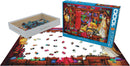 Eurographics Sewing Room jigsaw puzzle featuring a vibrant and detailed sewing workspace filled with colorful fabrics, dresses, and a sewing machine. The puzzle has 1000 pieces and is partially assembled with colorful pieces scattered around. The box shows the completed image of a well-organized sewing room, showcasing the intricate design and inviting atmosphere of creative sewing.