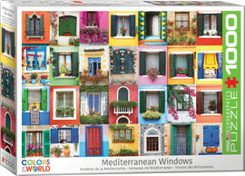 Mediterranean Windows Jigsaw Puzzle by Eurographics featuring a vibrant collage of picturesque windows adorned with colorful shutters and blooming flowers, showcasing the charm of Mediterranean architecture. This 1000-piece puzzle offers a delightful challenge for puzzle enthusiasts.