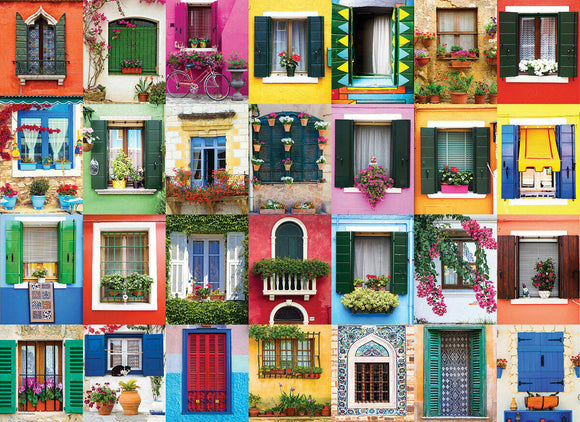 A vibrant jigsaw puzzle featuring a collage of colorful Mediterranean windows, adorned with flowers and plants in pots. Each window displays unique architectural styles and colors, creating a cheerful scene that captures the charm of Mediterranean coastal towns.