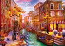 A beautiful jigsaw puzzle titled 'Sunset Over Venice' by Dominic, featuring a picturesque Venetian canal at dusk. The scene includes charming buildings with warm lights, a bridge, couples enjoying a romantic moment, and colorful flower pots lining the water. A gondola floats gently in the canal, creating a captivating atmosphere of Venice's allure.