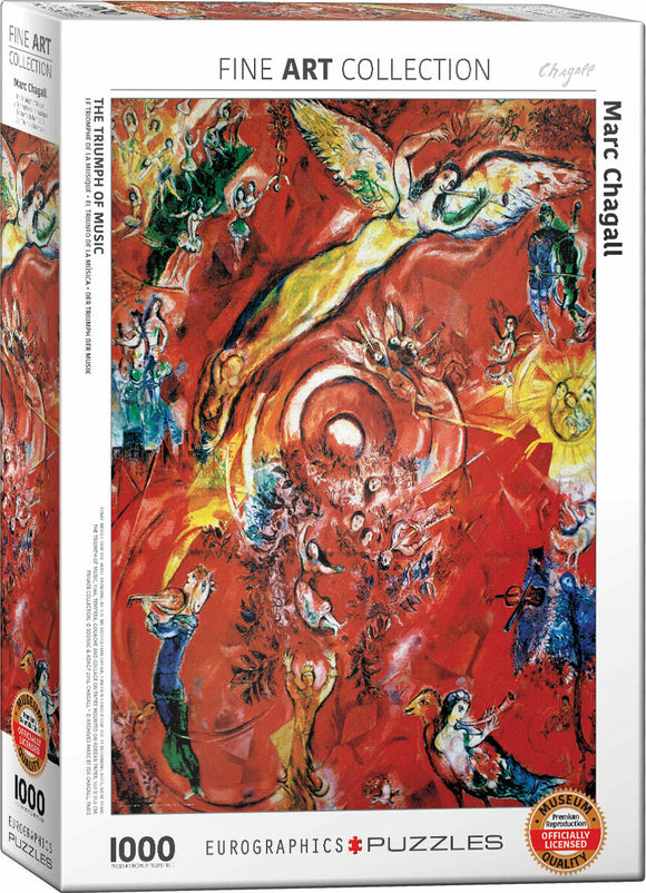 A jigsaw puzzle box featuring 'The Triumph of Music' artwork by Marc Chagall. The vibrant box art displays a colorful scene filled with musical themes, figures, and scenes depicting joy and creativity, with intricate details and bright colors that capture Chagall's distinctive style. The box is labeled Eurographics and indicates that it contains 1000 pieces, part of a fine art collection.