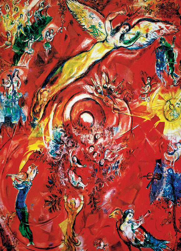 A vibrant and colorful jigsaw puzzle featuring 'The Triumph of Music' by Chagall. The artwork depicts angels, musicians, and dancers in a swirling array of red, yellow, and blue colors, capturing a joyful celebration of music and life.