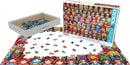 A 1000-piece jigsaw puzzle featuring vibrant designs of Russian Matryoshka dolls. The puzzle pieces are scattered on a surface, showcasing various colorful patterns of the dolls, with the box visible showing the full image of the completed puzzle.