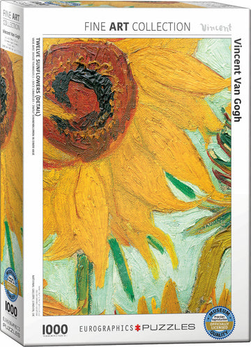 A detailed view of Vincent van Gogh's 'Twelve Sunflowers' painting featured on a puzzle box. The image showcases vibrant yellow and orange sunflowers with textured brush strokes against a soft blue and green background. The puzzle box is branded with Eurographics and highlights it as part of their fine art collection.