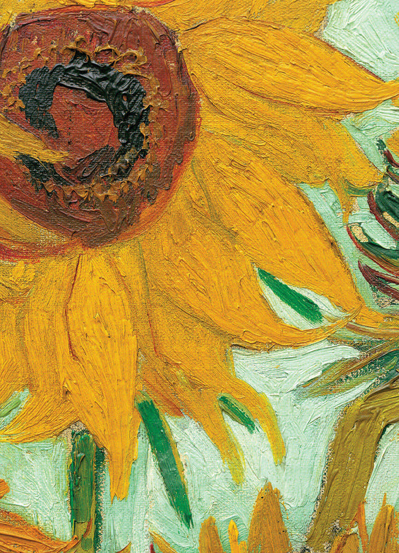 Close-up detail of Vincent van Gogh's 'Twelve Sunflowers', featuring vibrant yellow sunflower petals with a rich brown center, against a soft green background. The thick brush strokes highlight the dynamic textures and colors of the painting.