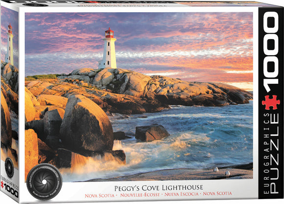 A premium jigsaw puzzle featuring Peggy's Cove Lighthouse, showcasing a stunning landscape of rocks, ocean waves, and a colorful sky at sunset. This 1000-piece puzzle by Eurographics captures the serene beauty of Nova Scotia, perfect for puzzle enthusiasts and lighthouse lovers.