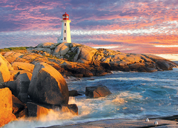 A beautifully illustrated jigsaw puzzle featuring Peggy's Cove Lighthouse, set against a stunning sunset backdrop over the rocky shore, captured by Eurographics. The lighthouse stands tall with a white exterior and red roof, surrounded by waves crashing against the rocks, creating an engaging scene for puzzle enthusiasts.