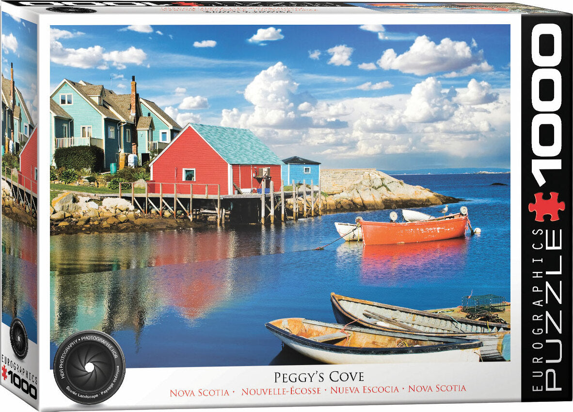 Peggy's Cove Nova Scotia jigsaw puzzle by Eurographics. The box features a picturesque view of colorful seaside homes and boats reflecting on the water with a vibrant sky.