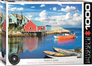 Peggy's Cove Nova Scotia jigsaw puzzle by Eurographics. The box features a picturesque view of colorful seaside homes and boats reflecting on the water with a vibrant sky.