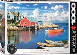 Peggy's Cove Nova Scotia jigsaw puzzle by Eurographics. The box features a picturesque view of colorful seaside homes and boats reflecting on the water with a vibrant sky.