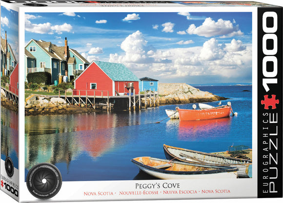 Peggy's Cove Nova Scotia jigsaw puzzle by Eurographics. The box features a picturesque view of colorful seaside homes and boats reflecting on the water with a vibrant sky.