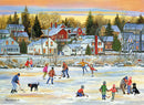 An illustrated jigsaw puzzle titled 'Evening Skating' by Eurographics. The scene depicts a charming winter setting with skaters on a frozen pond surrounded by quaint houses, trees, and snow. Families and children engage in skating and playing hockey, capturing the joy of a winter evening in a picturesque village.