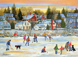 An illustrated jigsaw puzzle titled 'Evening Skating' by Eurographics. The scene depicts a charming winter setting with skaters on a frozen pond surrounded by quaint houses, trees, and snow. Families and children engage in skating and playing hockey, capturing the joy of a winter evening in a picturesque village.