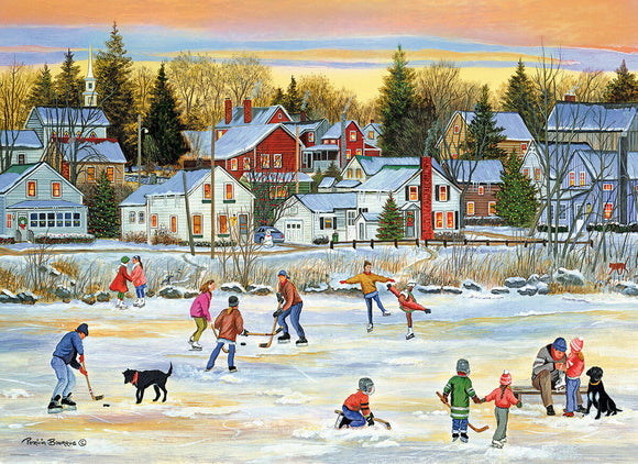 An illustrated jigsaw puzzle titled 'Evening Skating' by Eurographics. The scene depicts a charming winter setting with skaters on a frozen pond surrounded by quaint houses, trees, and snow. Families and children engage in skating and playing hockey, capturing the joy of a winter evening in a picturesque village.