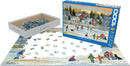 The Evening Skating jigsaw puzzle by Eurographics features a winter scene with children and adults skating on a frozen pond. The box shows a vibrant illustration with various activities happening on the ice, surrounded by charming houses and trees. The puzzle pieces are displayed scattered on a flat surface, with some pieces already placed on the edge of the design, showcasing colorful artwork.