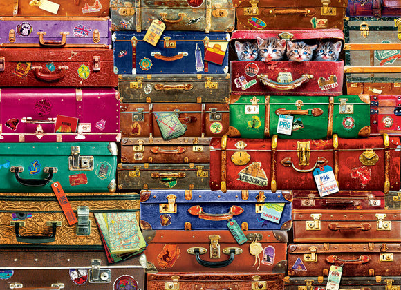 A colorful collage of vintage travel suitcases stacked together. Each suitcase features various travel stickers from different countries, such as Mexico, Canada, and China. Some suitcases are adorned with tags and maps, while a trio of playful kittens peek out from one of the suitcases, adding a cheerful touch to the scene.