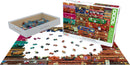 Eurographics Travel Suitcases jigsaw puzzle featuring an artistic arrangement of colorful, vintage suitcases. The image shows the puzzle pieces scattered on a flat surface, with the puzzle box displayed nearby. Ideal for puzzle enthusiasts and travel lovers, this 1000-piece puzzle provides a fun and engaging challenge.